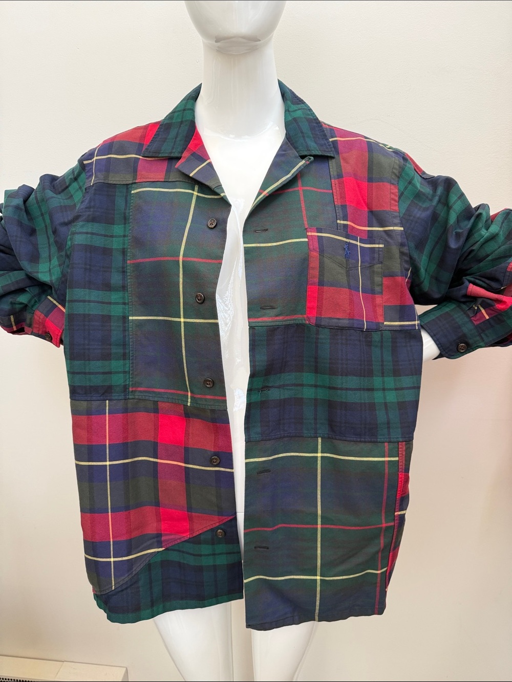 Polo Ralph Lauren Men's Plaid Button-Up patchwork Shirt Jacket - L Green & Red